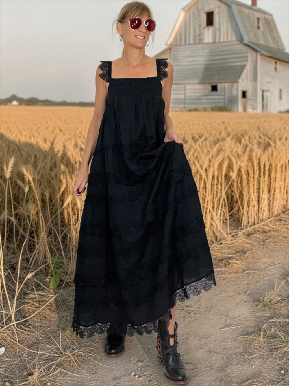 Waimari Las Acacias Dress XS Black Maxi Tiered A-Line Lace Trim Sleeveless